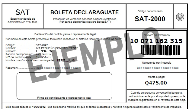 ejemplo de boleta SAT 2000 de declaraguate SAT