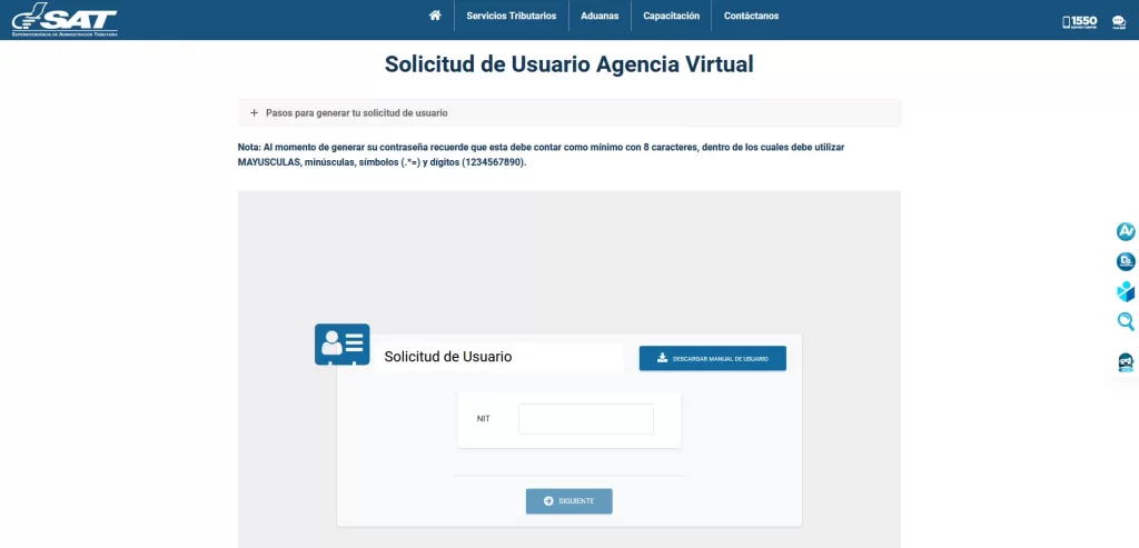 guía de solicitud de usuario en la agencia virtual SAT Guatemala