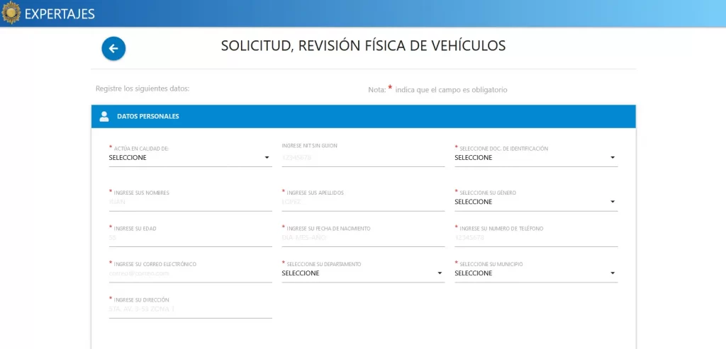 pedir cita para expertaje de vehículo en línea a través del web del PNC Guatemala