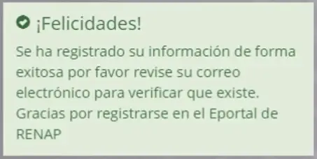 confirmación de registro de información para nuevo usuario en E-Portal RENAP