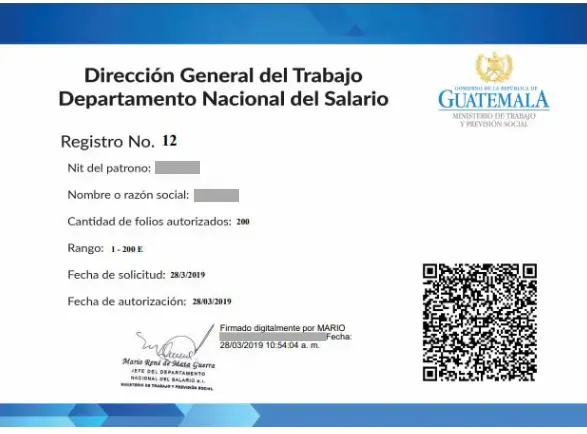 certificado con código QR con el libro de salarios autorizado por el Ministerio de Trabajo de Guatemala