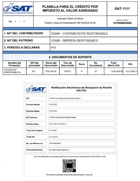 formulario SAT 1111 planilla para el crédito por IVA