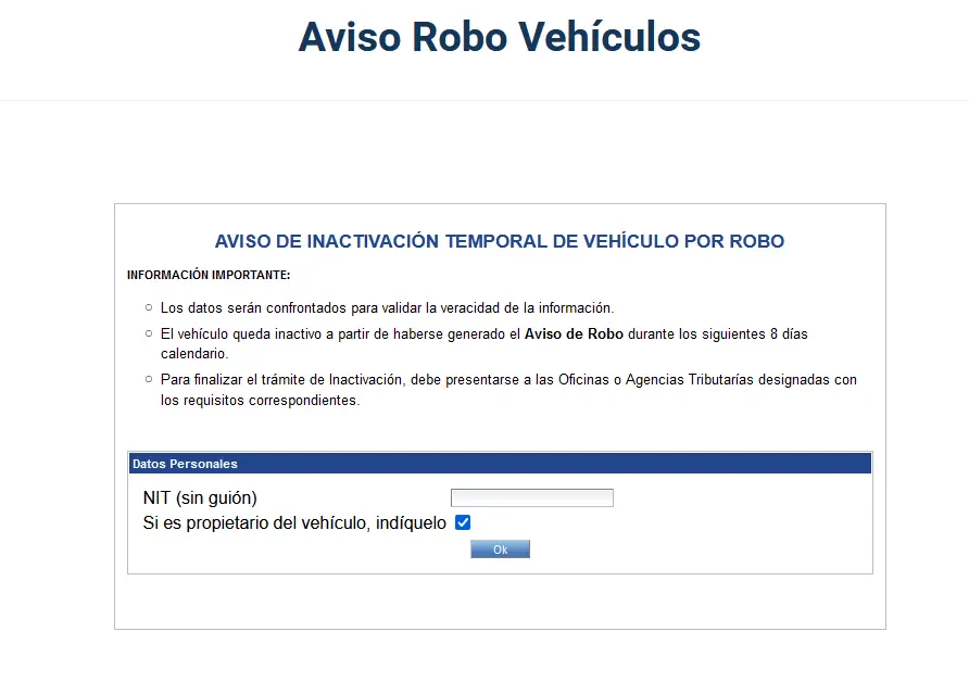 aviso y reporte robo de vehículo en Guatemala sección PNC