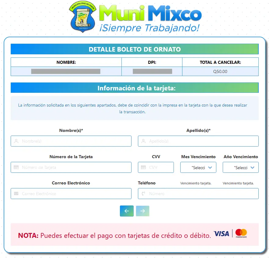 pagar con tarjeta visa o mastercard de débito o crédito el boleto de ornato Mixco en línea