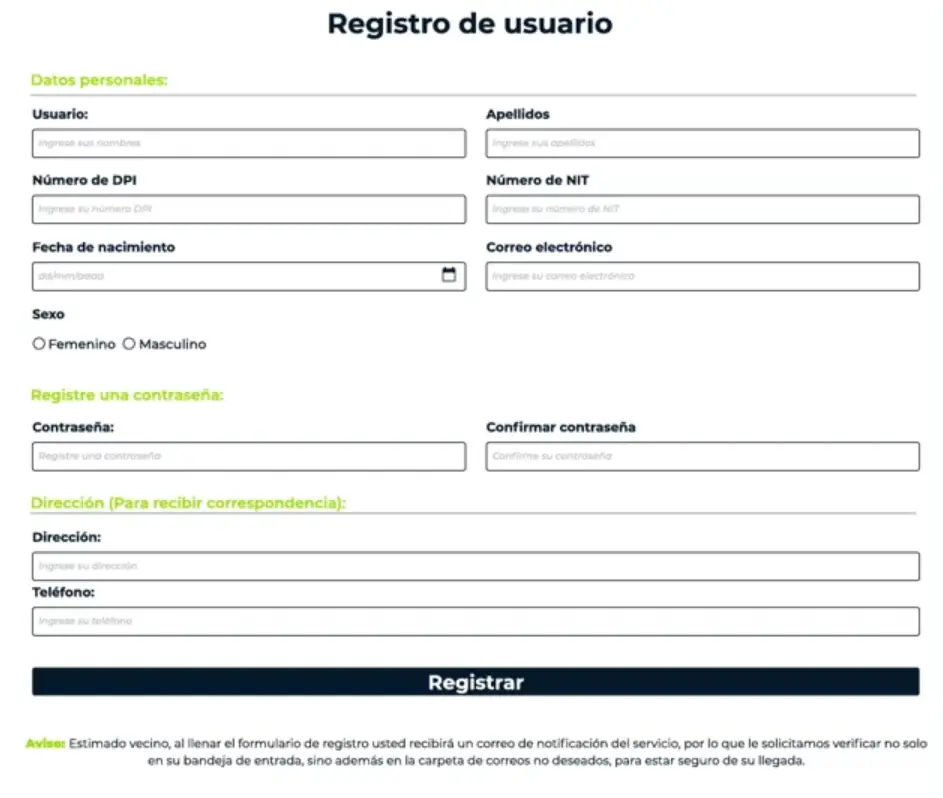 registro usuario para pagar en línea el IUSI en la municipalidad de guatemala mediante muniguate.com