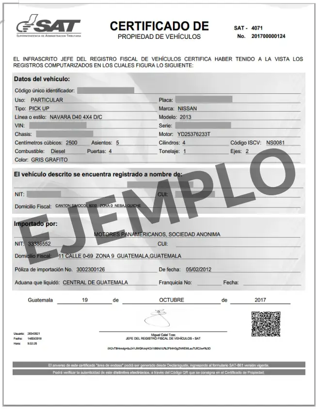 Ejemplo de certificado de propiedad de vehículos para consultar vehículos SAT por placa