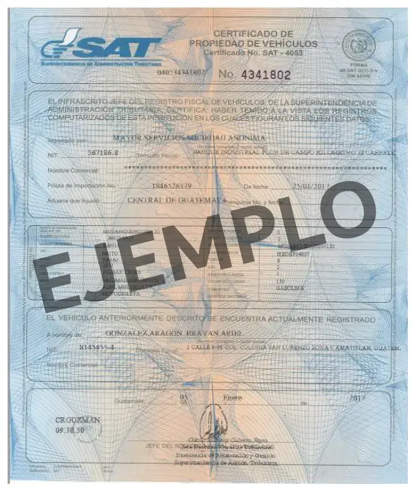 Ejemplo en papel de certificado de propiedad de vehículos para consultar vehículos SAT por placa