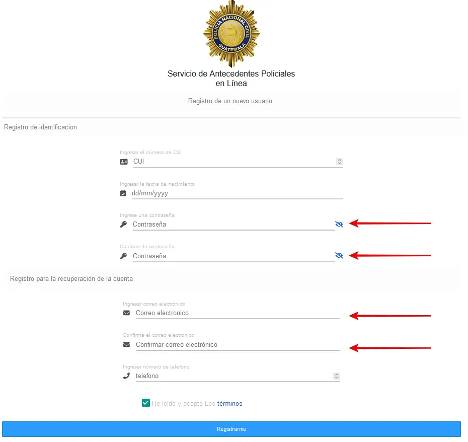registro de datos para la solicitud de antecedentes policiales en linea
