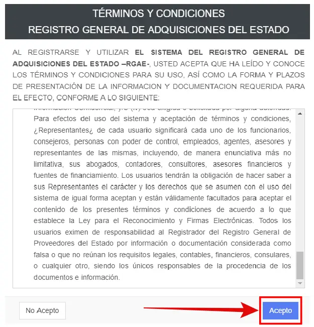 aceptar términos y condiciones del Registros General de Adquisiciones del Estado en Guatemala