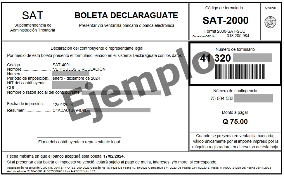 Ejemplo boleta de pago impuesto circulación de vehículo en Guatemala para usar en un banco autorizado