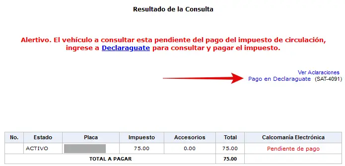 resultad de consultar monto para pagar el impuesto sobre circulación de vehículos en Guatemala