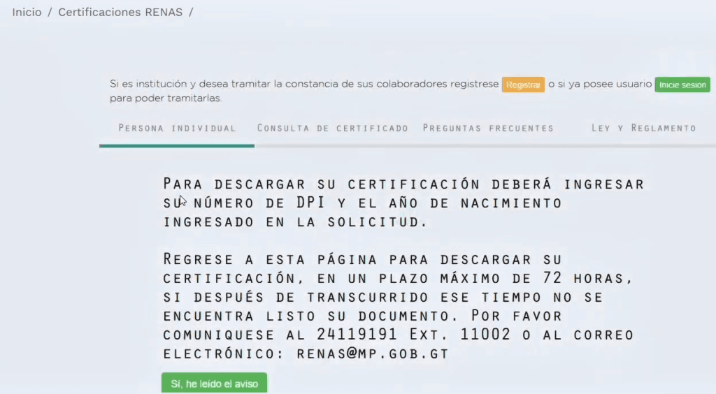 menú de persona individual para solicitar la constancia renas en línea