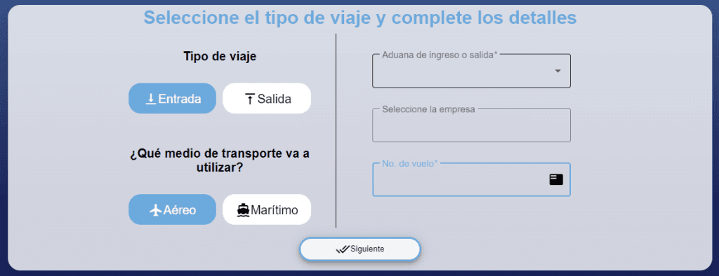 datos del viaje para la Declaración Jurada Regional de Viajero