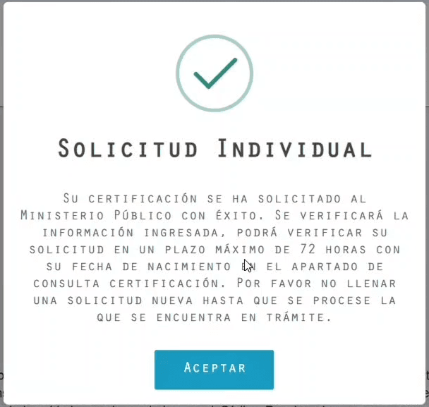 solicitud enviada para el certificado del RENAS