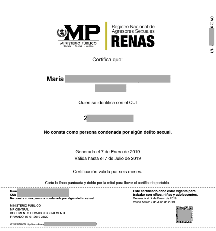 ejemplo de constancia de RENAS de Guatemala obtenida en línea
